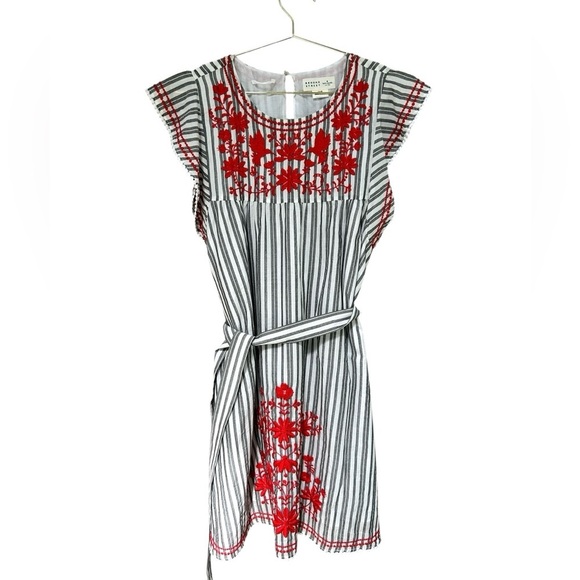 Kate Spade | Broome Street Red Floral Embroidered Stripe Tie Waist Dress, Size M - Picture 4 of 13